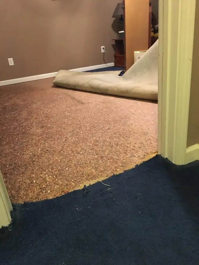 Carpet pad removal revealing water damage during Water Mitigation Services in Houston